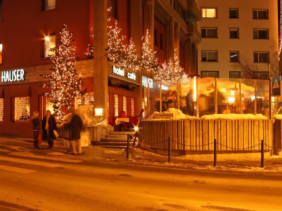 Hotel Hauser in St-Moritz: terrace, bar, exterior, view, atmosphere
